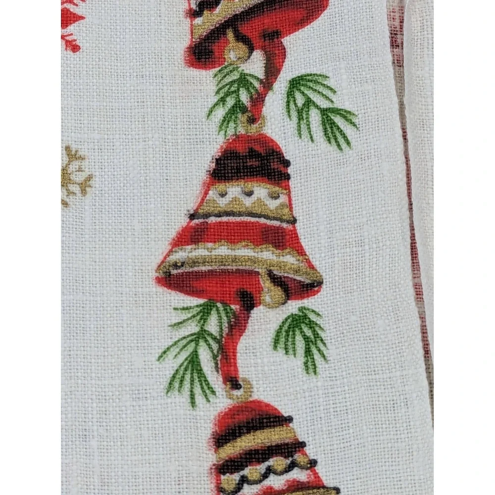 Vintage Pure Linen Christmas Tea Towel Red Bells Holiday Kitchen Decor